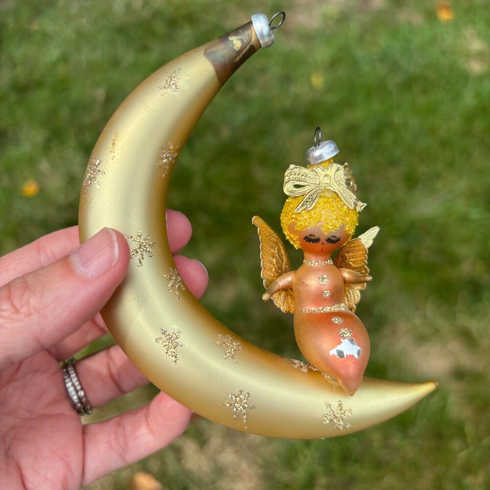 60's De Carlini Angel Sitting on Crescent Moon Hand Blown Ornament Italy Vintage